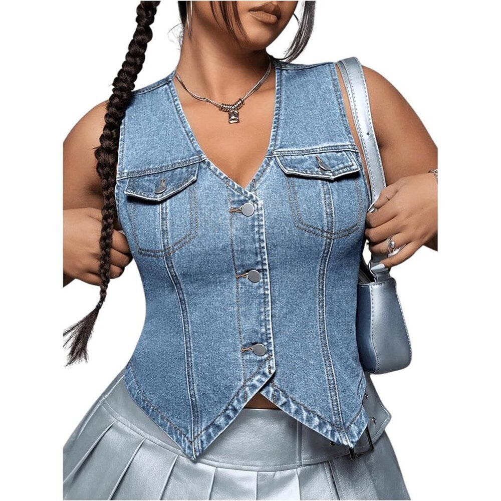 Women's Plus Size Sleeveless Denim Vest Light Blue Button V Neck Casual